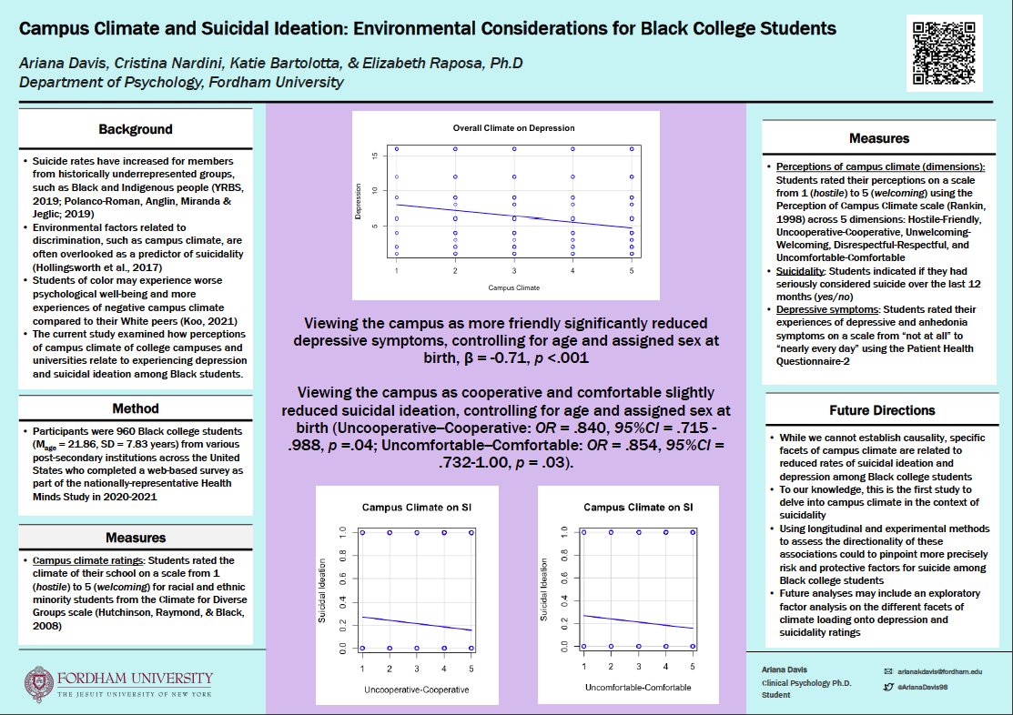 ArianaDavis98's tweet photo. Very excited to be presenting my poster on campus climate, depression, and suicidal ideation at #aps23dc  tomorrow from 7:30-9pm ✨ https://t.co/6QGQxt8dcN