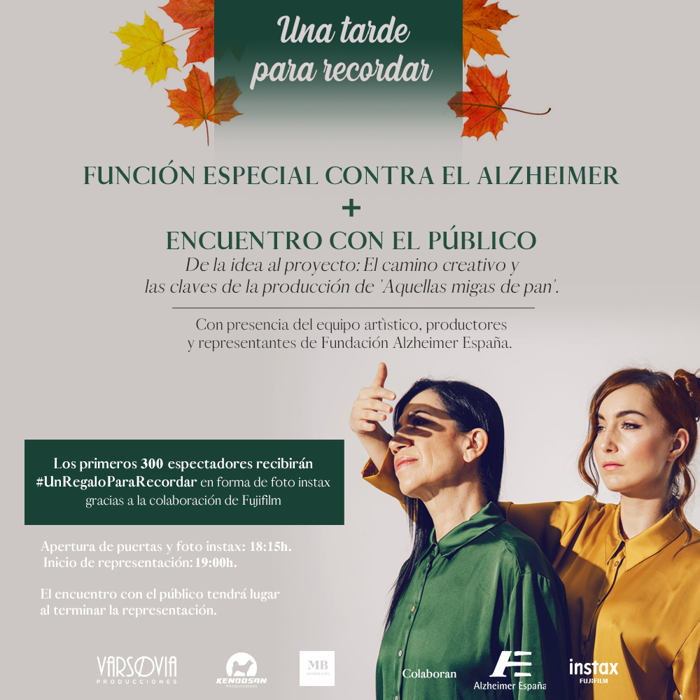25 DE MAYO #UnaTardeParaRecordar
Función especial + encuentro equipo de la obra y representantes de Fundación Alzheimer España <a href="/AlzheimerEsp/">Alzheimer España FAE</a> 

▪️ 18:15h Apertura puertas + regalo foto instax  
▪️ 19h Inicio representación

🎟️ENTRADAS: bit.ly/migas-infantai…🎟️