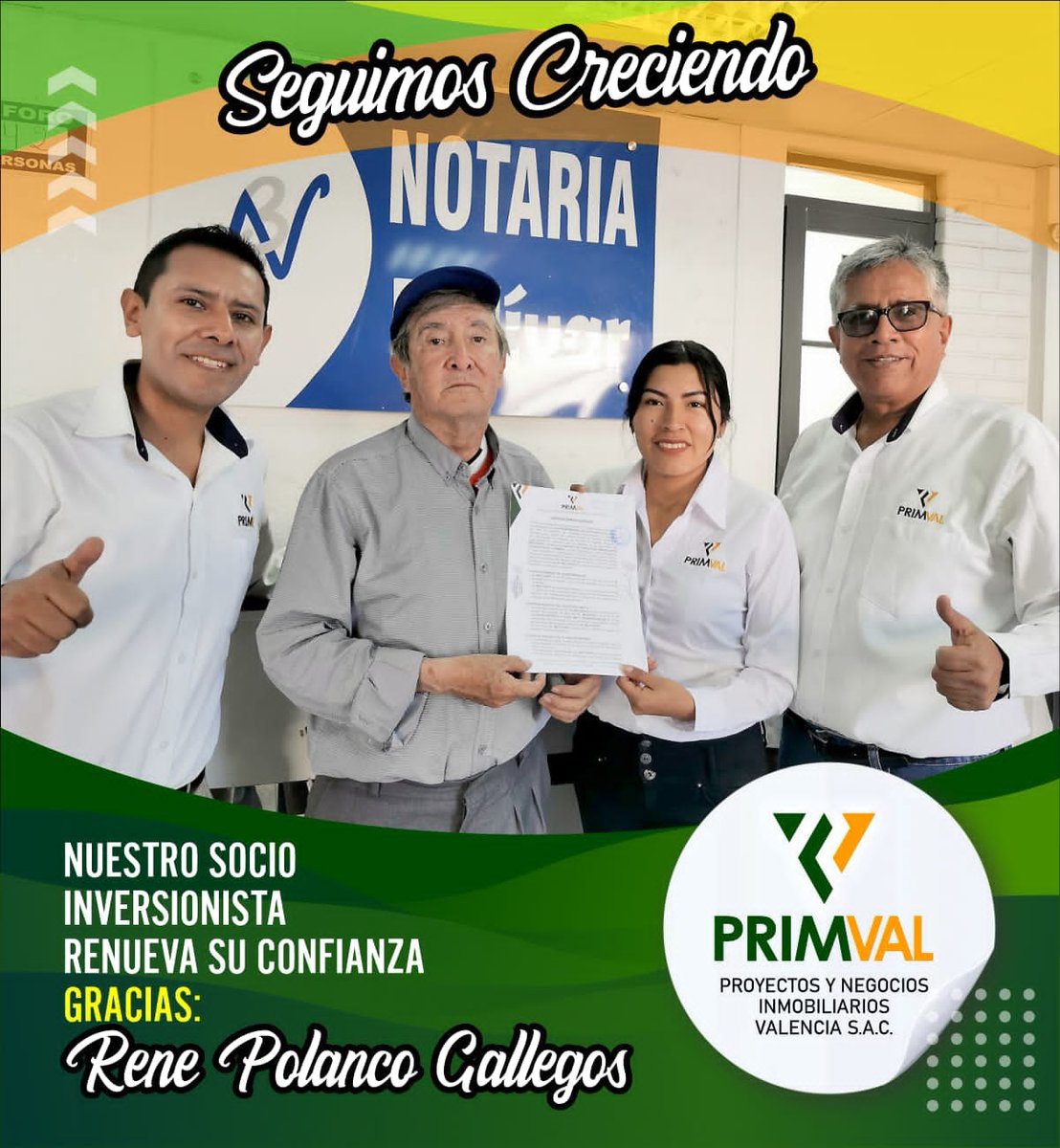 PrimvalS's tweet image. Agradecemos a nuestro Socio Inversionista-Rene Polanco Gallegos por renovar su confianza con PRIMVAL S.A.C ✍️

¡Tu también puedes ser nuestro socio inversionista! 🤩

📞☎️Informes: 959533125 - 913416687

#BienesRaíces
#Arequipa
#Inmobiliaria
#Perú