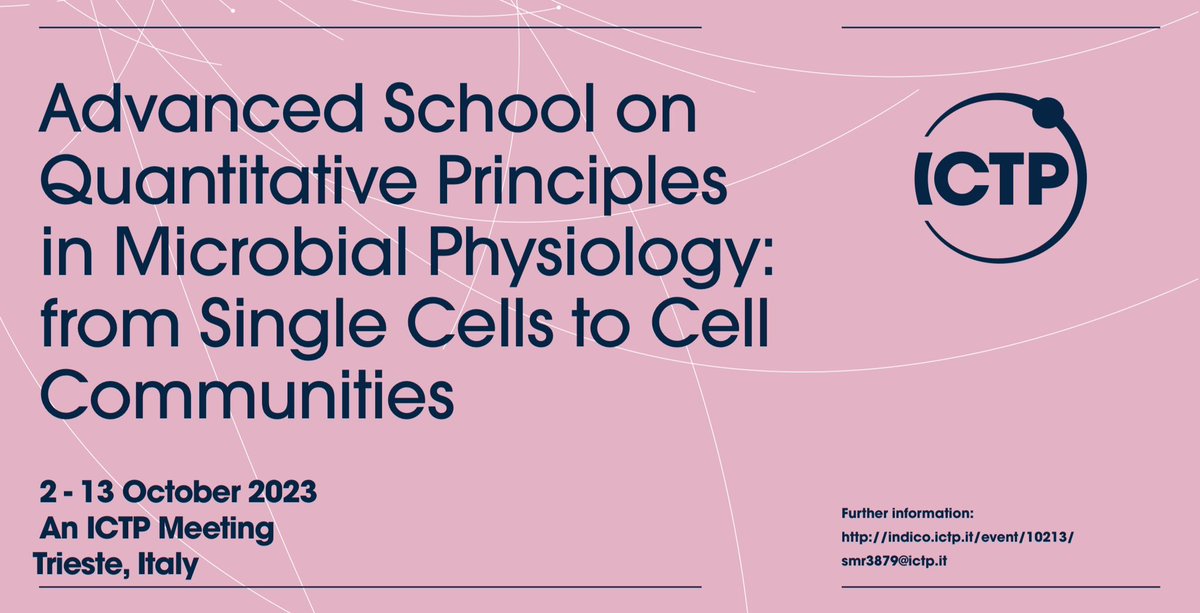 1 week left to apply to our <a href="/ictpnews/">ICTP</a> activity on quantitative principles in microbial physiology, held in Trieste next Oct.
Fantastic lineup of speakers.
No registration fee.
Travel + accommodation support (w priority for global south).

Apply here indico.ictp.it/event/10213/ov…