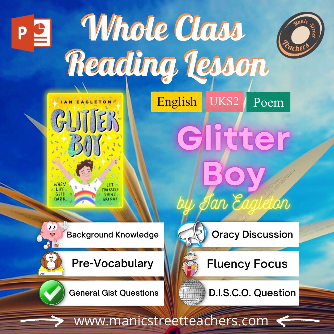 ManicStTeachers's tweet image. 🪩 GLITTER BOY! 🪩
WHOLE CLASS READING Y5/6!
We've added another brand new reading lesson to our site. The amazing Glitter Boy by @MrEagletonIan is now online with a focus on fluency. We're adding more all the time so keep an eye out here: manicstreetteachers.com/whole-class-re…