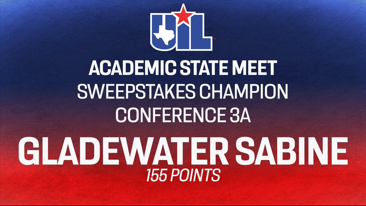 Congrats to Gladewater Sabine, Conference 3A 2023 #UILState Overall Academic Team Champions!

INDIV: 🥇🥈🥈🥈🥈🥈🥉 | TEAM:🥇🥇🥈🥈🥉🥉

Sweepstakes championships are awarded to schools with the most points across all State Academic events.

3A Results ➡️ bit.ly/3OExDHM