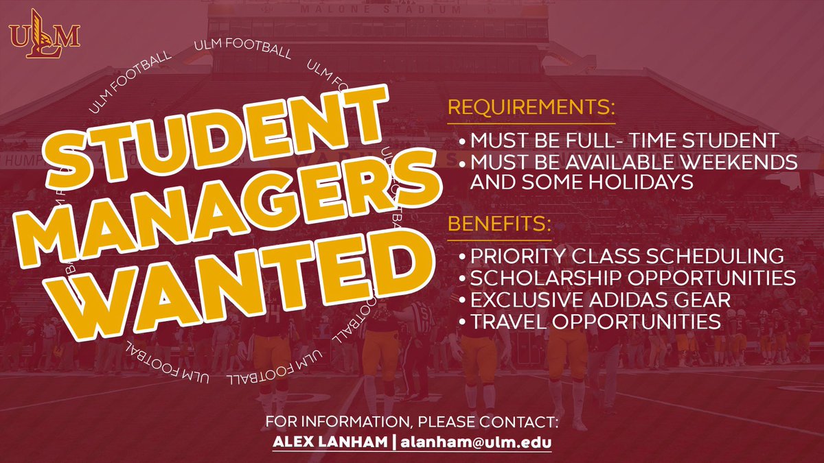 Come be apart of the best in #Funroe <a href="/ULMEquipment/">ULM Equipment</a> is looking for student managers! Contact <a href="/Aye_lanham/">Alex Lanham</a> for more information!