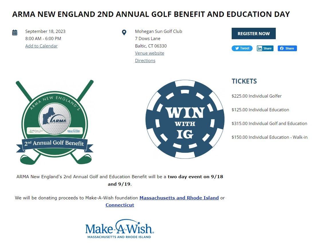 ARMANewEngland's tweet photo. ARMA NE is hosting our 2nd Annual Golf Benefit and Education Day. It is 2 days and still located at @MoheganSun. Proceeds will go to *Make a Wish MA & RI or CT*. Reach out to sponsor and sign up! #ARMANE #GolfBenefit #EducationalEvent #ArmaNEGolfs #WinWithIG #ArmaNE2ndGolfBenefit https://t.co/DIpXTSu2Qy
