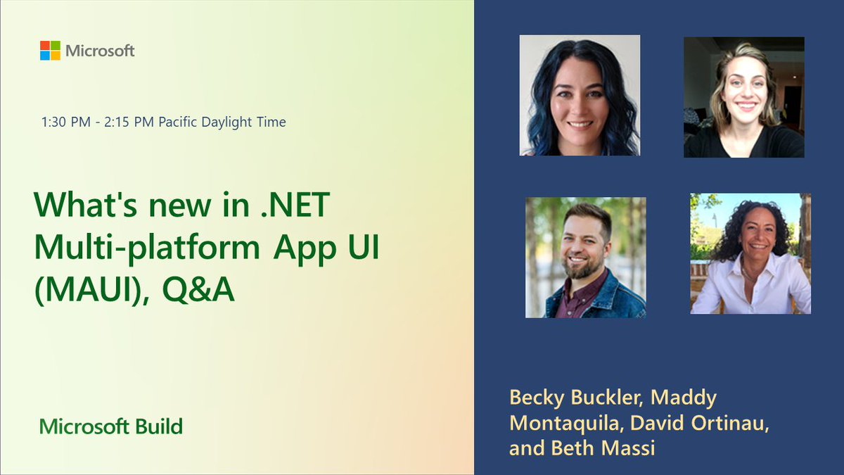 #MSBuild session happening now: What's new in .NET Multi-platform App UI

Join #dotNETMAUI product managers for the latest updates and learn to create beautiful and performant experiences for users from a single codebase.

 LIVE at 1:30 PM PT. msft.it/6011gkAzZ
