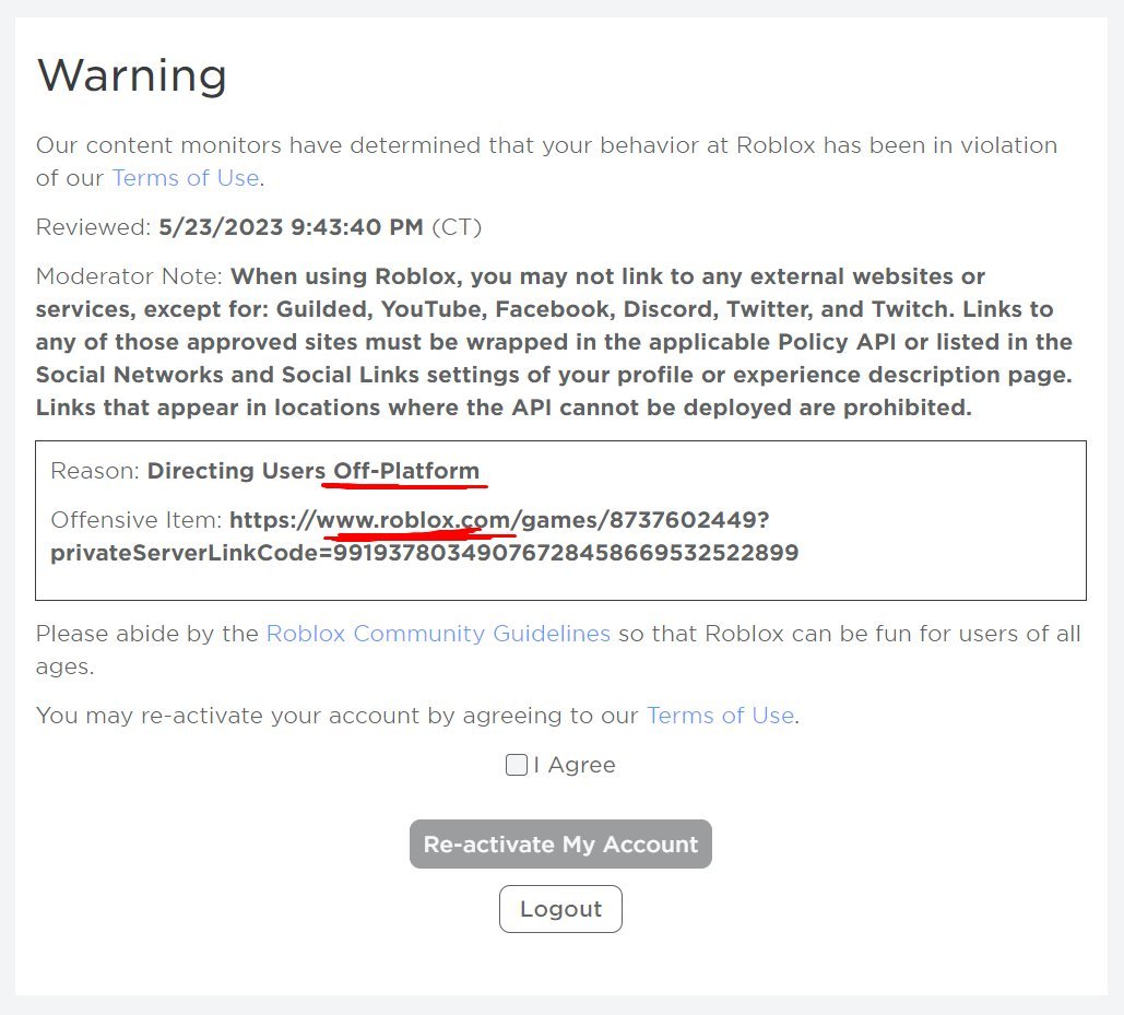 Bloxy News on X: UPDATE: Roblox has resolved an issue that caused some  usernames with references to off-platform sites to receive moderation  action, according to a support email sent to some users.