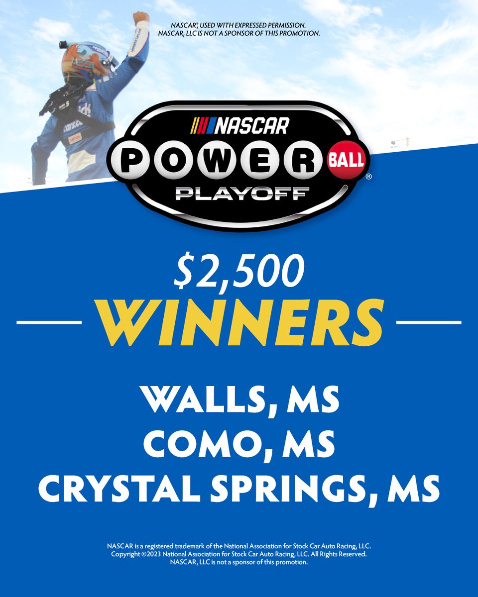 The 3rd drawing for the NASCAR Powerball promotion occurred today! Congrats to all winners! Check your mail! If you’re not a Mississippi Lottery Insider, sign up today for the link for the next drawing on June 7! Read promotional rules for details. #havefunyall https://t.co/MZkYiPAPEQ