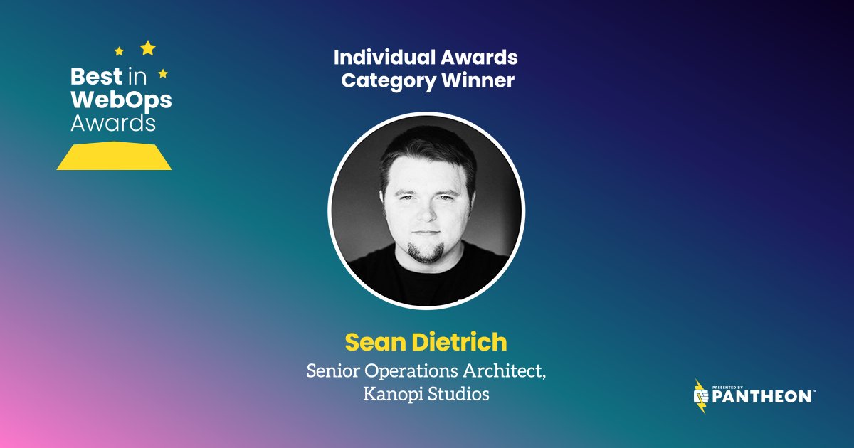 kanopi_studios's tweet image. @getpantheon honored Kanopi’s Sean Dietrich, Sr. Operations Architect, with a #BestInWebOps Award for his outstanding contributions to the web. Be sure to say hi to Sean if you are heading to #DrupalConPittsburgh and see who was best in #WebOps: pantheon.io/pantheon-best-….