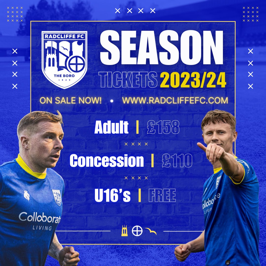 𝟮𝟬𝟮𝟯/𝟮𝟰 𝗦𝗘𝗔𝗦𝗢𝗡 𝗧𝗜𝗖𝗞𝗘𝗧𝗦 🎟

Our 2023/24 Season Tickets are 𝗢𝗡 𝗦𝗔𝗟𝗘 𝗡𝗢𝗪, click the link below to purchase yours! 

🔗 bit.ly/424ybcQ

#WeAreRadcliffe #UTB