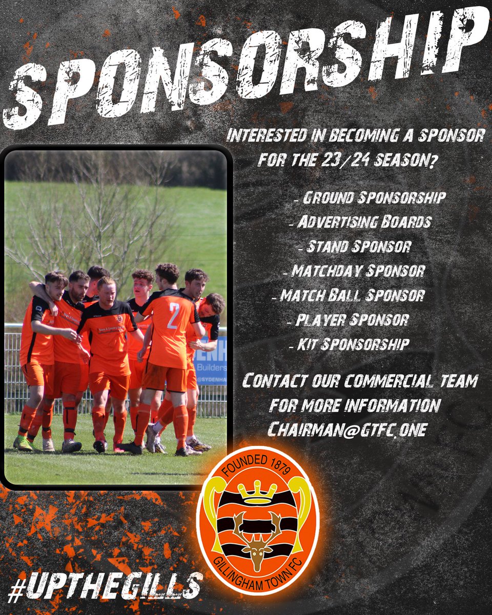 GillTownFC's tweet photo. @GillTownFC are excited to offer a range of sponsorship opportunities to local businesses for the upcoming 2023/24 season.

For more info please get in touch via our social media channels or email chairman@gtfc.one

Thank you for your ongoing commitment &amp; support 🟠⚫️ https://t.co/nWExb3E5zS