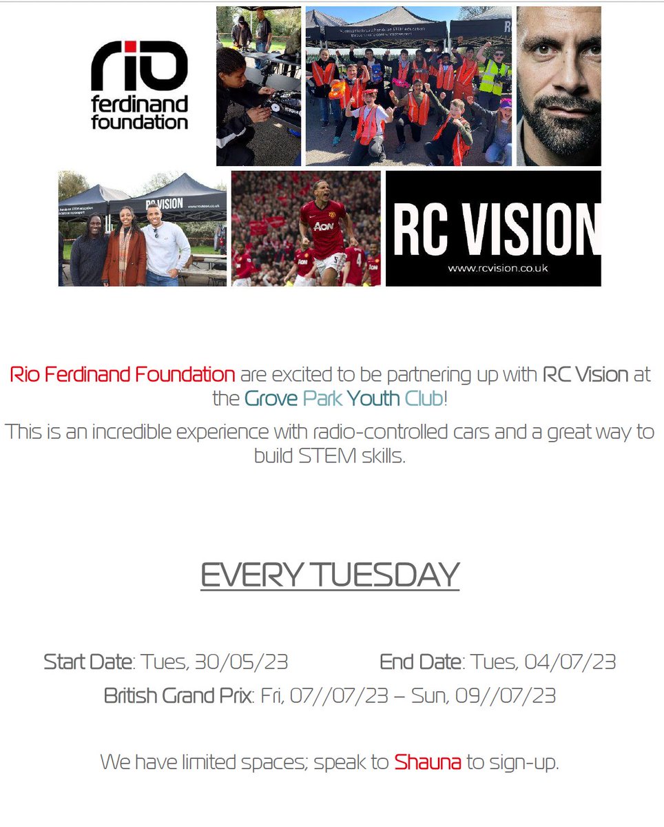 GroveParkYC's tweet photo. Every Tuesday from next week, we have R C Vision remote control car workshops and races at #GPYC - see flyer, great fun and great for #STEM learning. Funded by @groveparkyc and @riofoundation
https://t.co/IRqWCz28IF https://t.co/0i4iWp6mIC