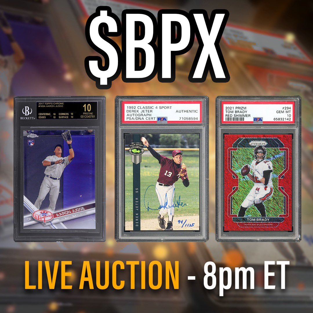 ethFRENCHIE's tweet image. Live $BPX auction tonight in @bpxcollect discord.  

33 awesome cards up for sale. NFT proof of ownership. Keep secure and vaulted or burn the NFT and claim the physical. Shipping is free! 

Join us.