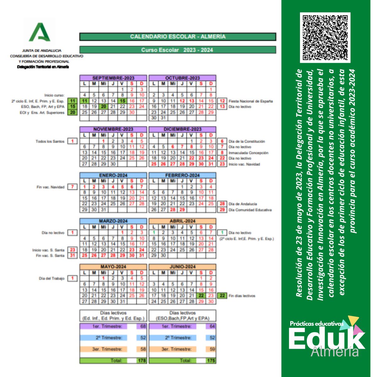 📆 C A L E N D A R I O 
E S C O L A R de #Almería 2️⃣0️⃣2️⃣3️⃣-2️⃣4️⃣

Resolución de 23 de mayo de 2023 de la DT de Almería 👉🏽 n9.cl/pes2y5

~
📎📸 Instagram &amp; 🐦 Twitter: <a href="/edukalmeria/">ᴇᴅᴜKᴀʟᴍᴇʀɪ́ᴀ</a> | 📚 Facebook: @edukalmeriapg 
#Ascensorsocial #EscuelaPública #elColedeTodxs