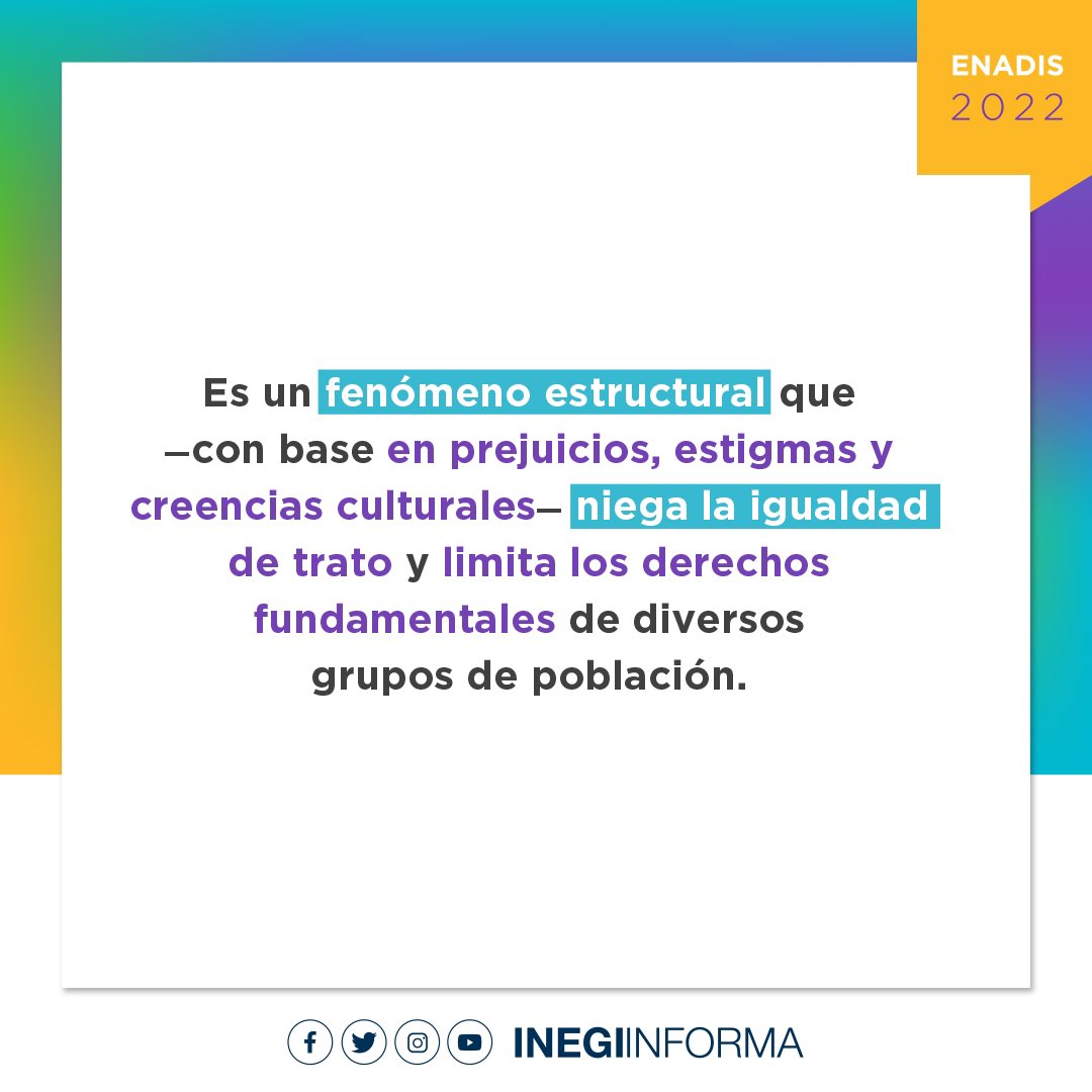 L a #discriminación es un fenómeno que puede presentarse en diversos ámbitos de la vida cotidiana.

Conoce más en la presentación de la Encuesta Nacional sobre Discriminación #ENADIS 2022.

🖥️ Transmisión #EnVivo por nuestras redes sociales
🗓️ Mayo 25
🕙 10:00 horas