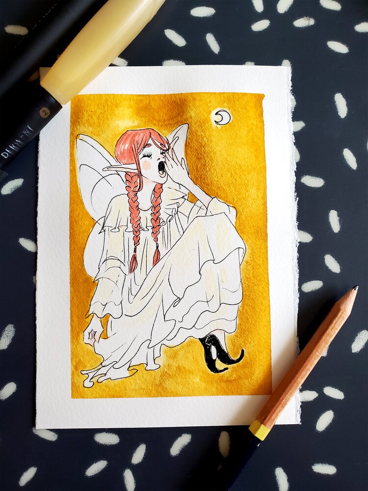 Secret_Daydream's tweet photo. Another lil' 4x6" fey ready for bed. This original is for sale in my shop https://t.co/rtlhfA6dUM for $40 CAD. She's so sleepy she might not stay awake for long!

#fairycoreart #fairyart #fairycore https://t.co/5vNoWnZPTY