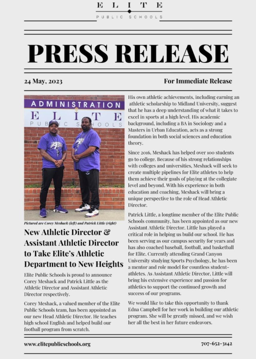 CMeshack2's tweet photo. Proud to announce I am the new Athletic Director at ELITE high school. Thankful for this great opportunity to build in my city. Those of you who know me, know how much I put into the schools I work at. It feels amazing to finally be recognized as the leader that I am. #ELITE https://t.co/j3xJcofrA4
