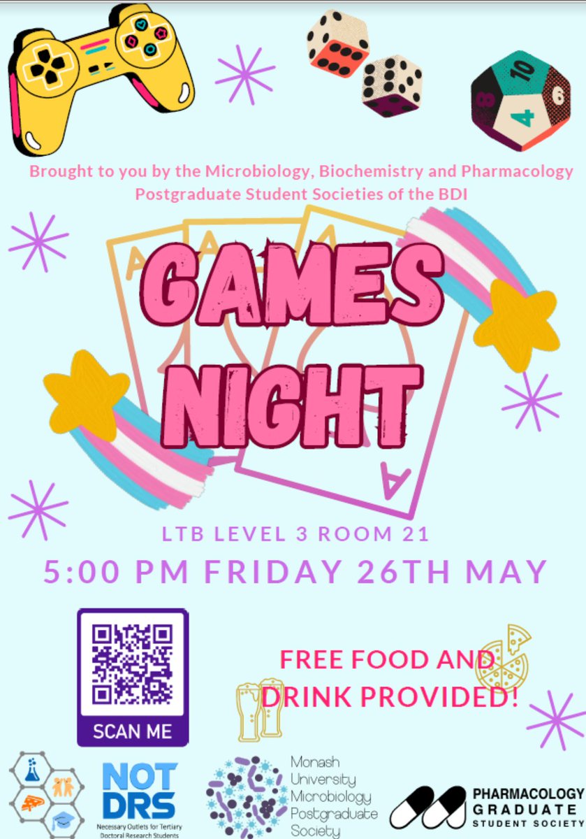 Our SOCIAL GAMES NIGHT is on THIS  FRIDAY, MAY 26th! 

WHERE: Monash Clayton Learning and Teaching Building room 3.21 (the big building near the bus stop, on the third floor)
WHO: Humans of the BDI (bacteria, fungus and rodents NOT ALLOWED)