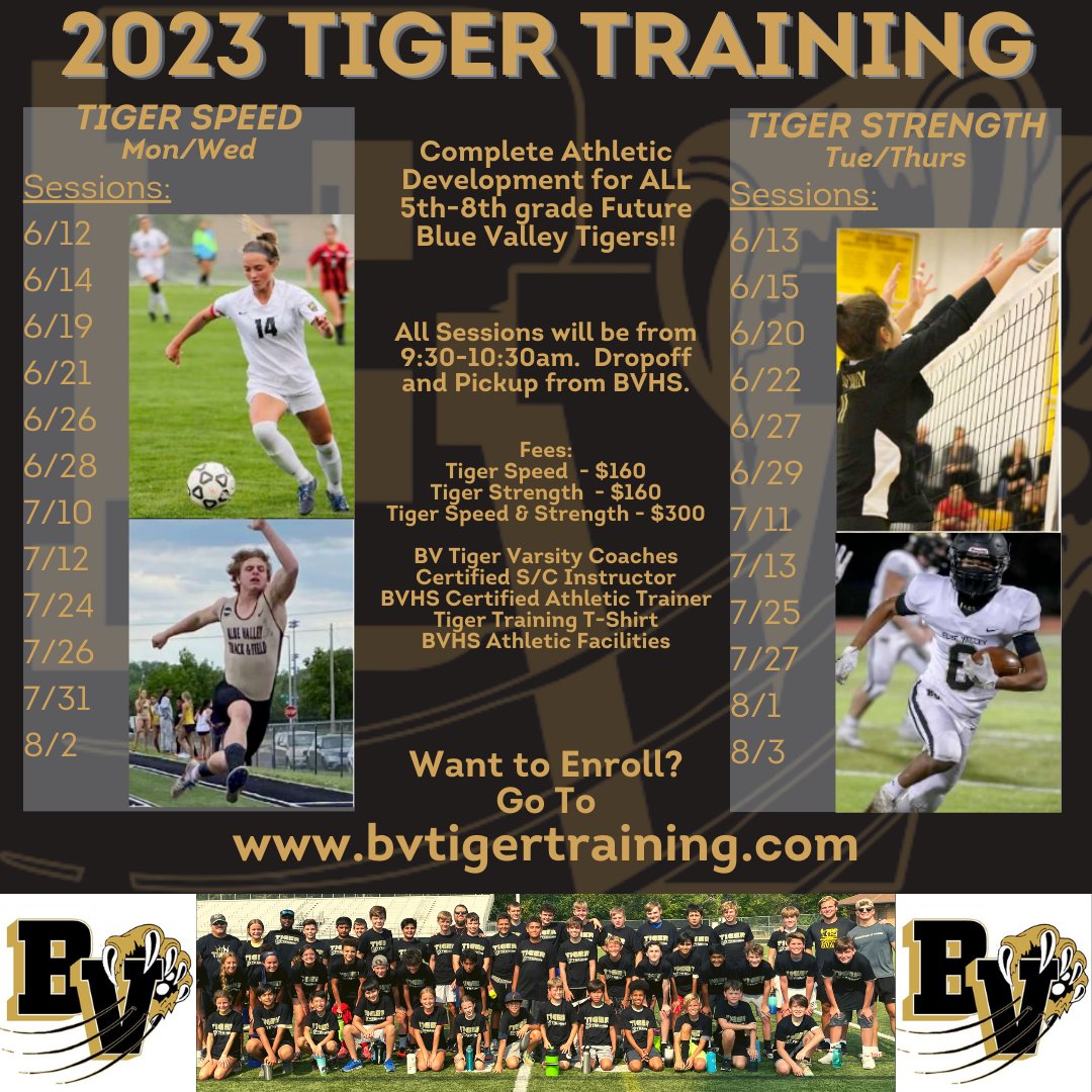 We've had an awesome early registration for this year's Tiger Training.  Get your 5th-8th grade Tigers signed up.  Go to bvtigertraining.com to see the options - boys and girls - we're going to have a blast this summer! #LiveLikeChampions
