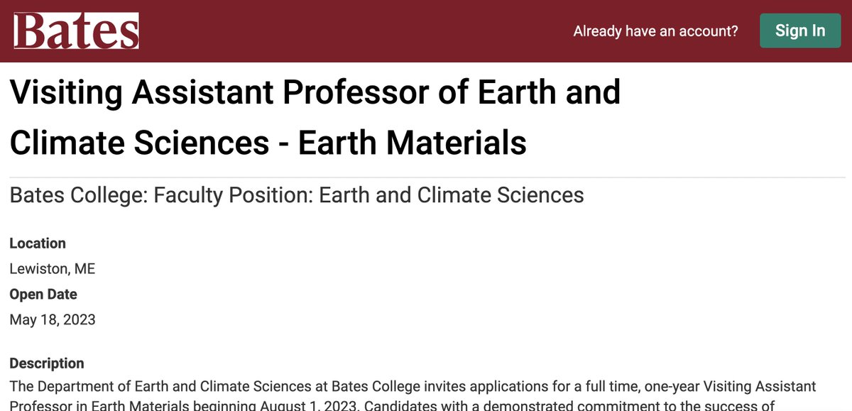 🚨 Job Alert 📷  Department of Earth and Climate Sciences,
@BatesCollege
is hiring a Visiting Assistant Professor of Earth Material  •Beginning 1 August 2023 •Joint-Full-time  
 @HigherEdJobs  @academpositions @AcademicJobs 

For more info: apply.interfolio.com/125505