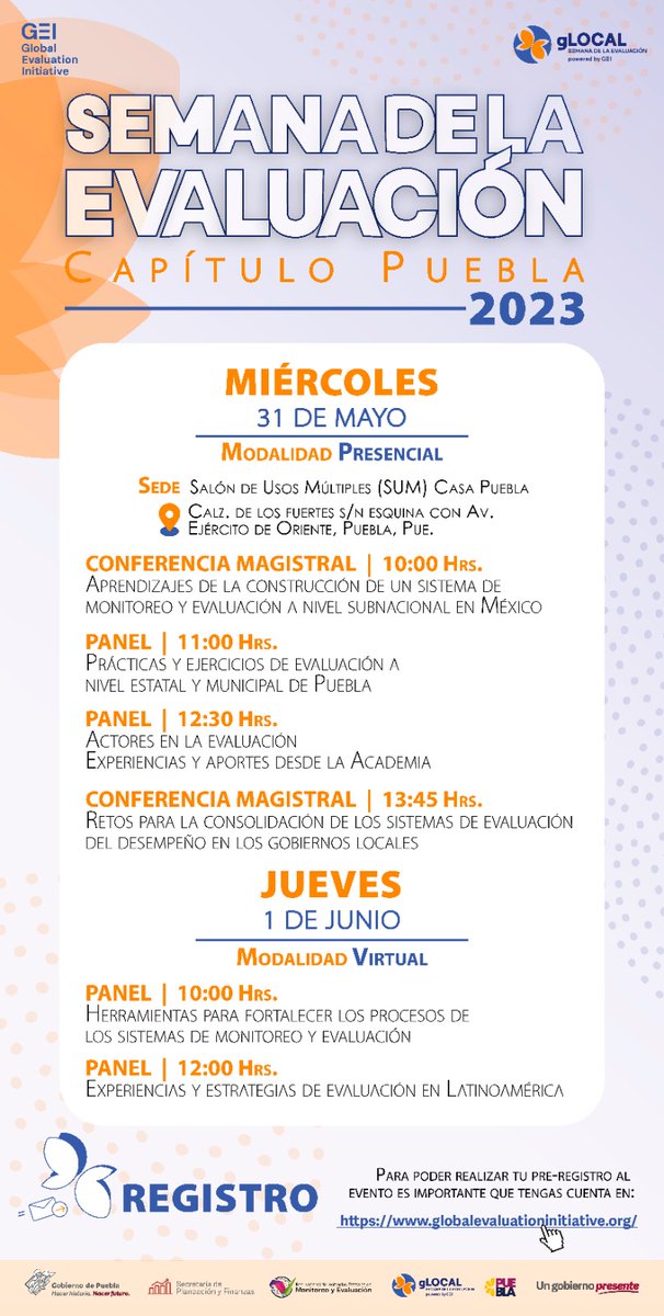 SPFAGobPue's tweet photo. #UnGobiernoPresente te invita a conocer las experiencias y esfuerzos que se realizan en materia de monitoreo y evaluación📊 en la #SemanaDeLaEvaluación #gLOCAL2023 #Puebla.

🗓 Crea una cuenta en https://t.co/Fx7ceiwelR

👩🏻‍🏫🧑🏻‍🏫 Con conferencias y paneles con expertos. https://t.co/H3mT9UQUXI