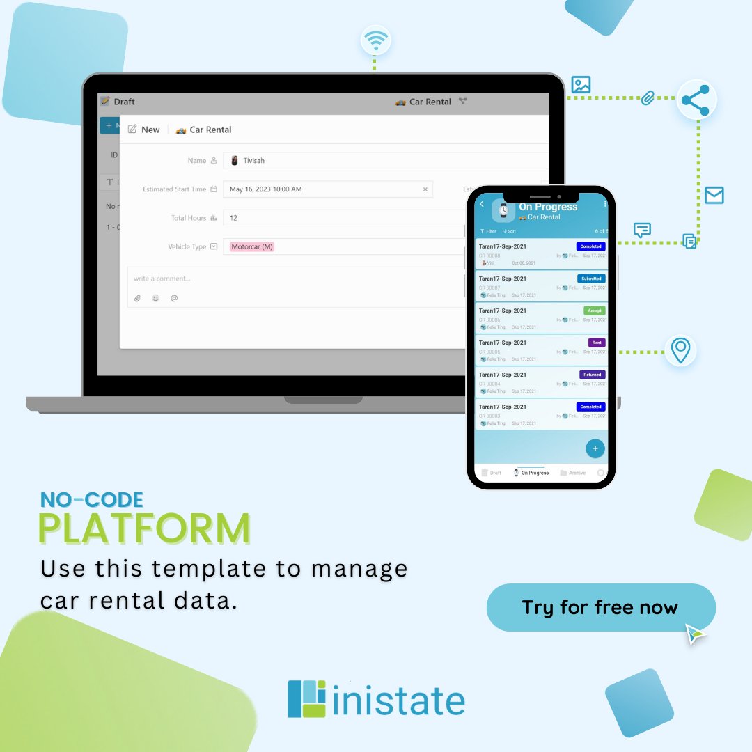 Manage car rental data with INISTATE for FREE- the no code workspace builder!

1. Register a workspace: inistate.com
2. Tutorials and Q&A : community.inistate.com

#inistate #nocode #onestepfurther #growingbusiness
