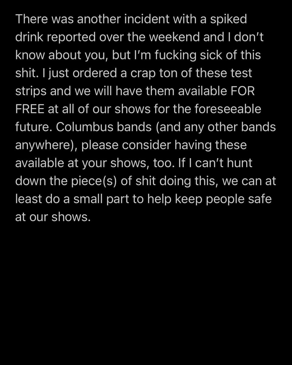 ATMoLband's tweet photo. Talked about this with @Undergradsrock today and we’re both going to have these test strips available. Encouraging other bands to join us. Let’s keep our scene safe. https://t.co/ULL5XZALsD