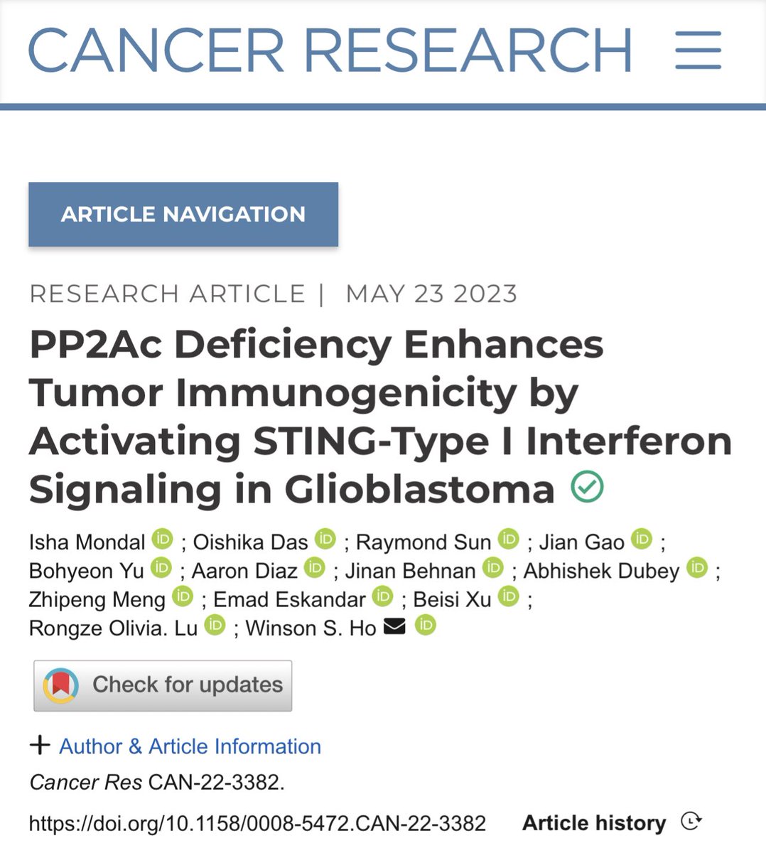 Excited to share our most recent paper with @LuRongze  and @xubeisi in @CR_AACR on the role of PP2A in regulating glioma immunogenicity. @NeurosurgUCSF @DellMedSchool