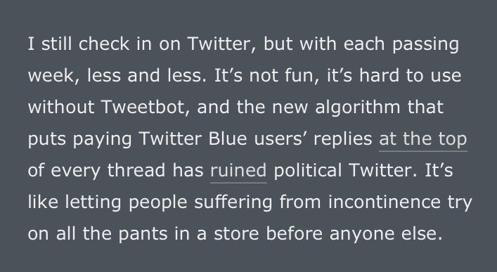 Yep. Aside from train Twitter and design Twitter, I don’t even bother. And without Tweetbot this shithole is gross *and* annoying to use.