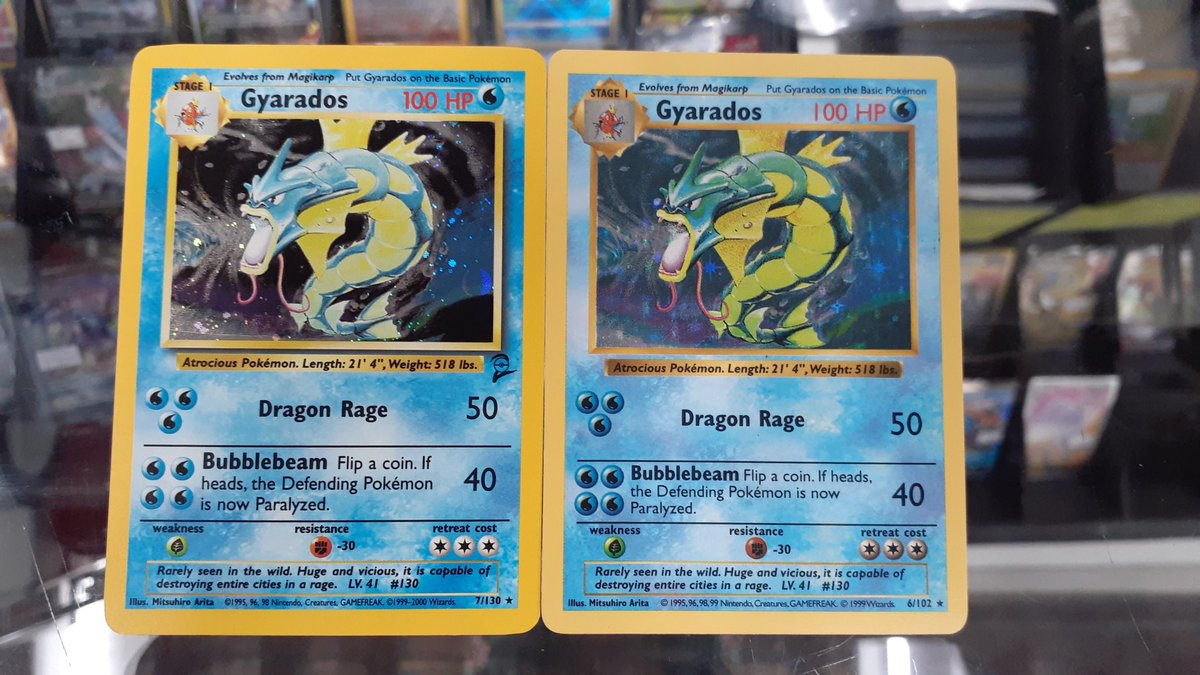 avianblu's tweet photo. Got a cool trade in today! 
A side-by-side comparision of a base set 2 Gyarados and a Shadowless Gyarados! https://t.co/muii5PqTnF