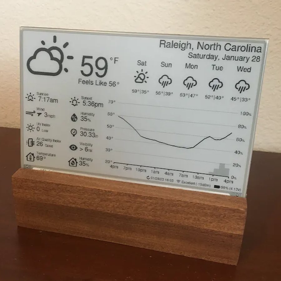 This low-power, ESP32-controlled ePaper display shows the weather via the OpenWeatherMap API. <a href="/Hacksterio/">Hackster.io</a> 
🤖For more details: bit.ly/3IFsr2j