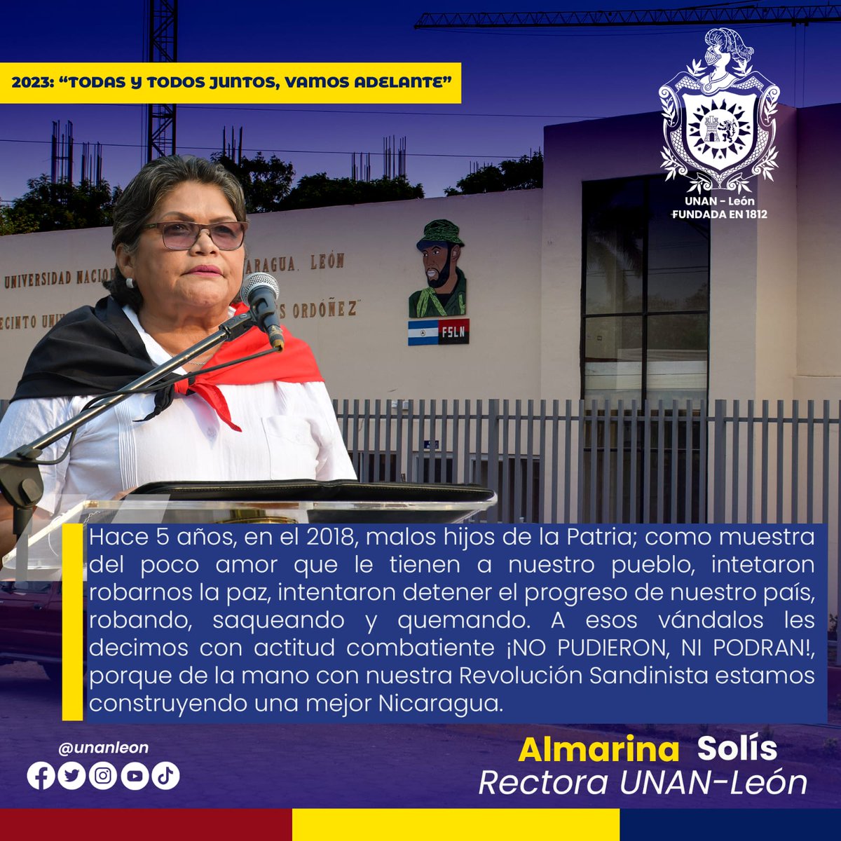 Maestra Almarina solis, dirigiéndose a la comunidad universitaria en la Inauguración del Nuevo Recinto Universitario "Cmdt: Germán Pomares Ordóñez" 
 #BicentenariaUNANLeón #Nicaragua #UNANLeón