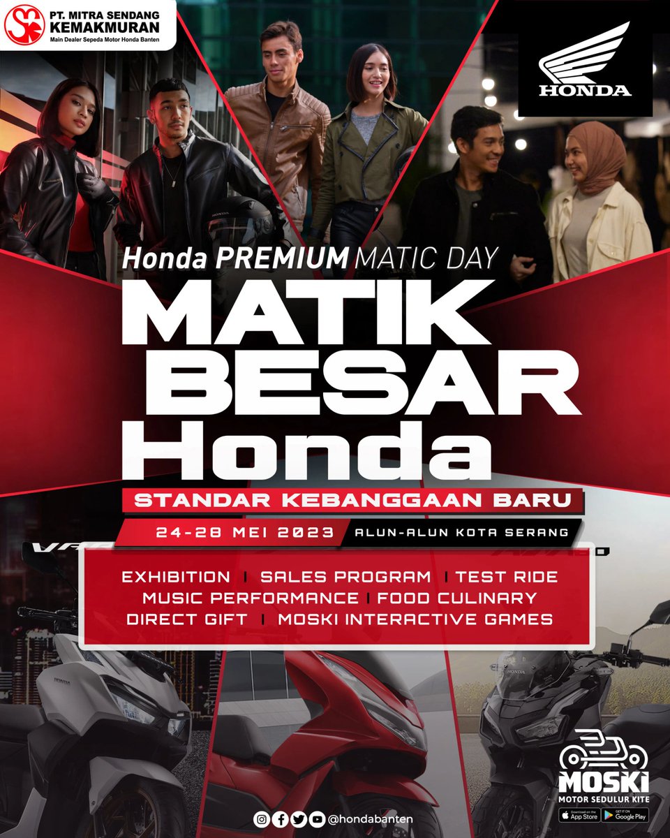 HARI ISTIMEWA UNTUK MATIC PREMIUM💥
Ayo merapat di acara spesial Honda Premium Matic Day yang bertempat
📍  Alun-Alun Kota Serang
📅  24 - 28 Mei 2023
Selain ada SPECIAL PROMO juga ada Band Performance &amp; game interaktif moski
Salam Satu Hati
#HondaBanten
#hpmd 
#matic
#OneHeart