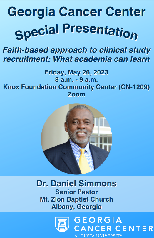 A lot has been discussed about minority participation in clinical studies. However, Pastor Simmons of @mtzionofalbany is going to teach us about Faith Based Recruitment in Clinical Studies. Join us for this special presentation @GACancerCenter. 

Friday, 5/26 at 8 am EST - DM me