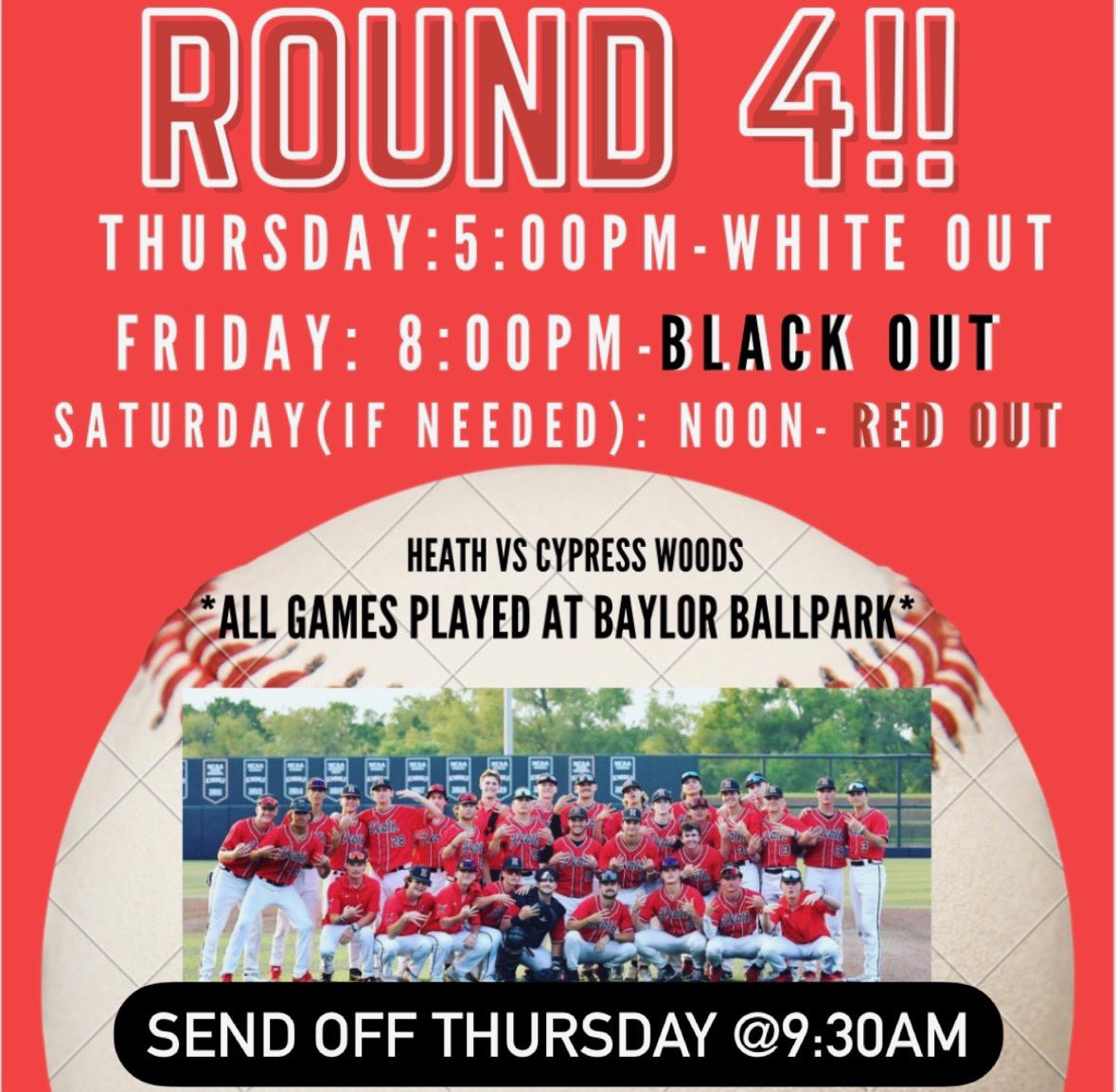 🚨Heath Baseball Nation 🚨
Help us cheer on the TEAM as they head to Waco for ROUND 4!!!   Be at the school by 9:30 on Thursday morning; 🚌 rolls out at 10am! <a href="/RHHSHawks/">Rockwall-Heath HS</a> <a href="/RISDAthletics/">Rockwall ISD Sports Marketing</a> <a href="/ROCOgameday/">Rockwall County Gameday</a> <a href="/Heath_Hawk_Fan/">Heath Hawk Fan</a> <a href="/STUCOHeath/">Heath StuCo</a> <a href="/heathcheer/">Heath Cheer</a> <a href="/spirit_builders/">Block H Spirit Builders</a>