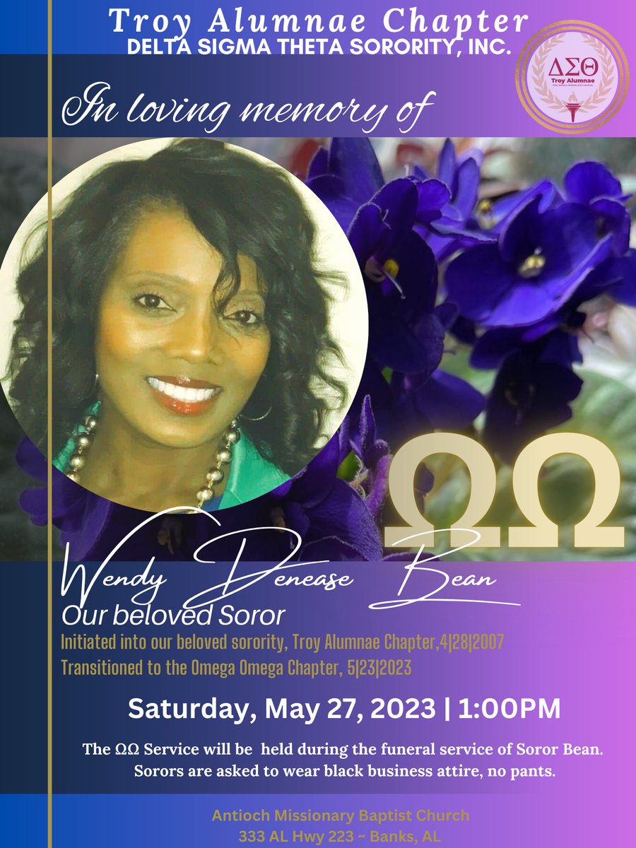 TroyDST's tweet photo. To the family and friends of our beloved soror, Wendy Denease Bean, we offer our sincere condolences and prayers of comfort. 

“The Lord is near to the brokenhearted, and saves the crushed in spirit.”
Psalms 34:18 NRSV https://t.co/GbIoSIGXZH