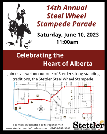 It’s almost time for the 14th Annual Steel Wheel Stampede Parade! If you are interested in being part of the parade this year, please click the link below to find the Parade Participant Package!
stettlerboardoftrade.com/projects/stett…