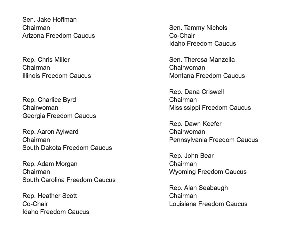 SFC_Network's tweet photo. NEW: All of our Freedom Caucus Chairs have signed onto a letter standing with conservatives in Tennessee as they demand Gov. @BillLeeTN end his special session to pass red flag laws.

Red states should focus on securing our schools, not passing unconstitutional laws. https://t.co/yrKPFdGRow