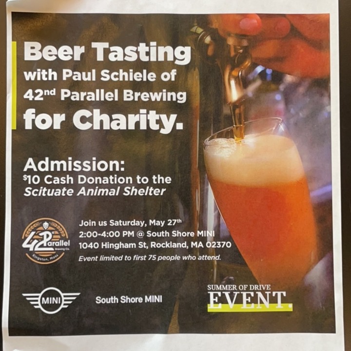 Come join us this Saturday at South Shore MINI! 🍺 From 2 p.m. to 4 p.m., we're hosting a Beer Tasting with 42nd Parallel Brewing. The $10 admission price will be donated to the Scituate Animal Shelter.

#AcceleRide #Beer #BeerTasting