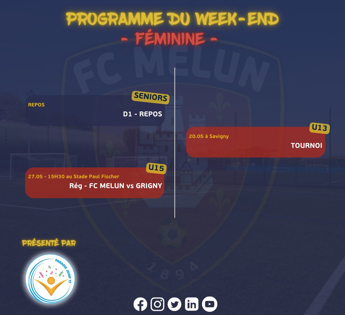 🗓Planning des matchs du week-end 💥

Notre partenaire @paradisjump a le plaisir de vous annoncer le planning des rencontres de cette fin de semaine.

👶Pôle école de foot
👦Pôle pré-formation
🧔‍♂️Pôle formation
👩‍🦰Pôle féminin

Bon week-end à tous !

#TeamFCMelun ❤️💙