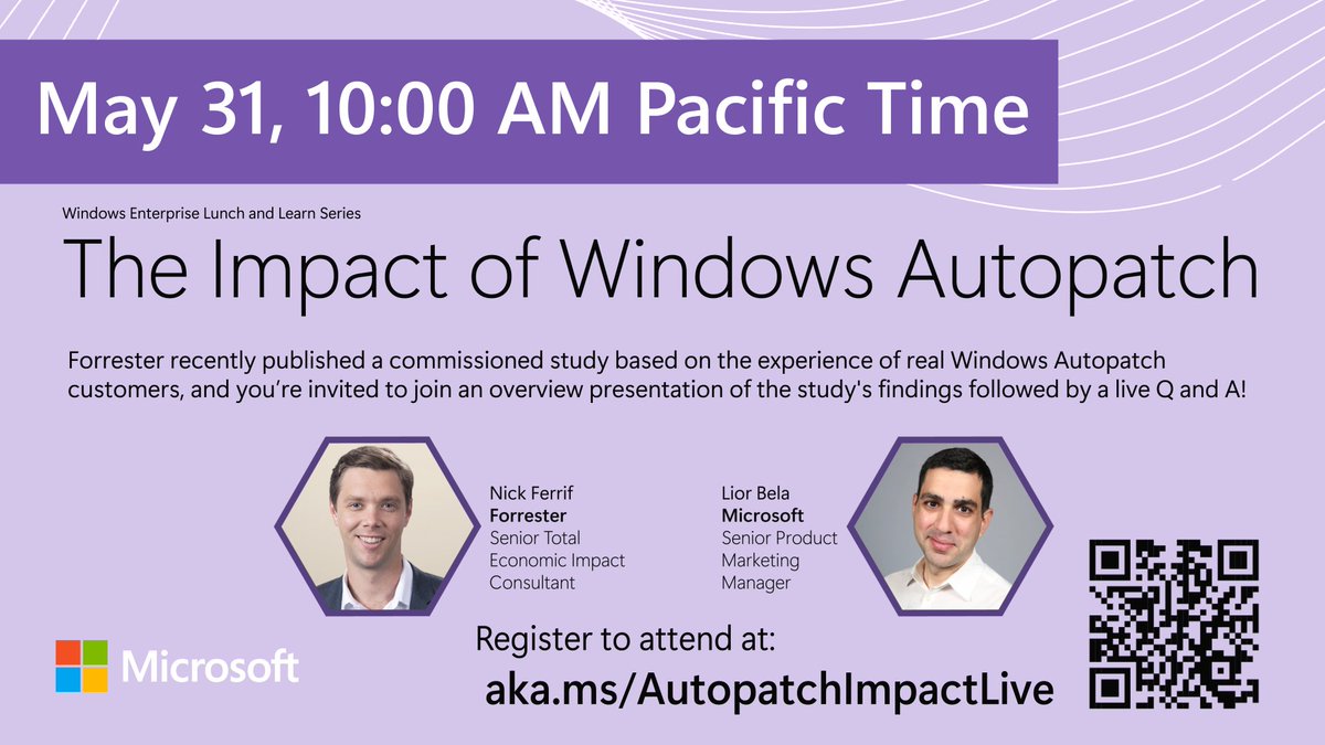Next week - May 31st at 10AM PT! Hear how Windows Autopatch has improved security and productivity for real customers, then ask your questions live. 
📅Register: aka.ms/AutopatchImpac…

#WindowsAutopatch