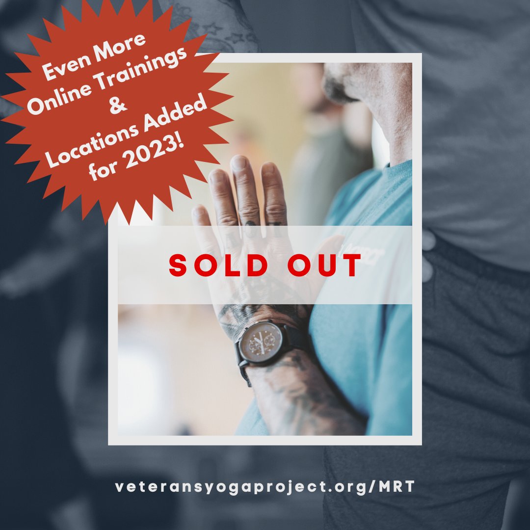We have SOLD OUT our remaining Online MRT Training for this year. 
So...we added another one! 
We added local trainings: @BigRedBarnRT in #ColumbiaSC, #ColoradoSprings, #IowaCity, #WilmingtonNC, <a href="/Yoga_Six/">YogaSix</a> in #NY, #Maryland
Info | Application: veteransyogaproject.org/mrt/