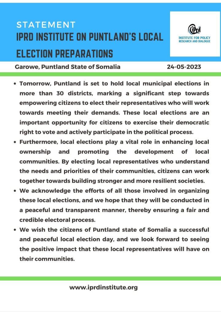 As Puntland is scheduled to hold local municipal elections in more than 30 districts starting tomorrow, IPRD Institute 's statement on local election preparations.
#Puntland #LocalElections2023 #Somalia