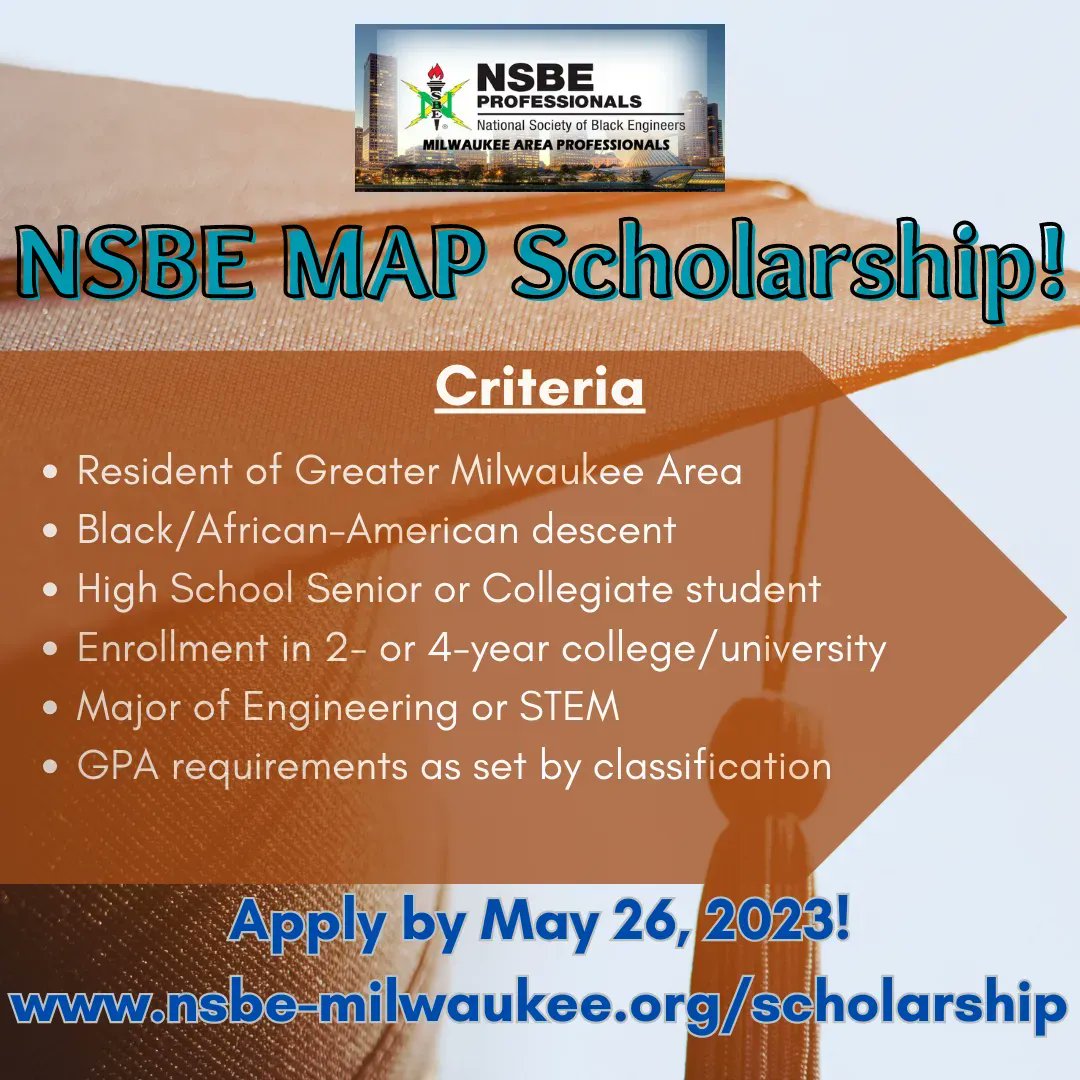MAP_NSBE's tweet photo. DEADLINE APPROACHING! Applications are OPEN for the NSBE MAP Scholarship for high school seniors and collegiates majoring in STEM! Apply by May 26th at https://t.co/9mRIZ9maRQ For information: Brittany Ardrey at https://t.co/BM9HGgUxvx.nsbe@gmail.com #MKEProfessionals #MKEBlack https://t.co/3r4QJy6Lx4