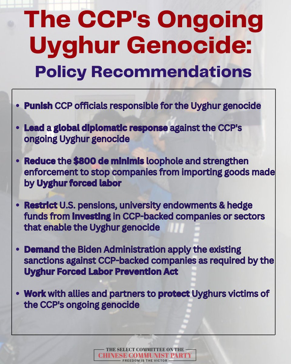 This morning, the Select Committee unanimously adopted policy recommendations to punish CCP officials responsible for the Uyghur genocide and ensure American companies and investments never fund these crimes against humanity.  

📄Read the full report: selectcommitteeontheccp.house.gov/sites/evo-subs…