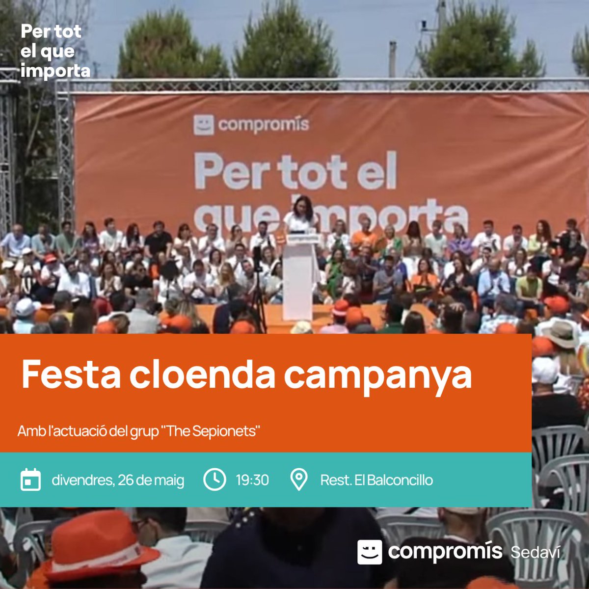Aquest divendres, volem celebrar amb tu la cloenda de la campanya electoral, ens acompanyes?

📆 Divendres 26 de maig a les 19:30h
📍Rest. "El Balconcillo" de Sedaví (C. Vicent Andrés Estellés, junt a la Plaça Jaume I)
