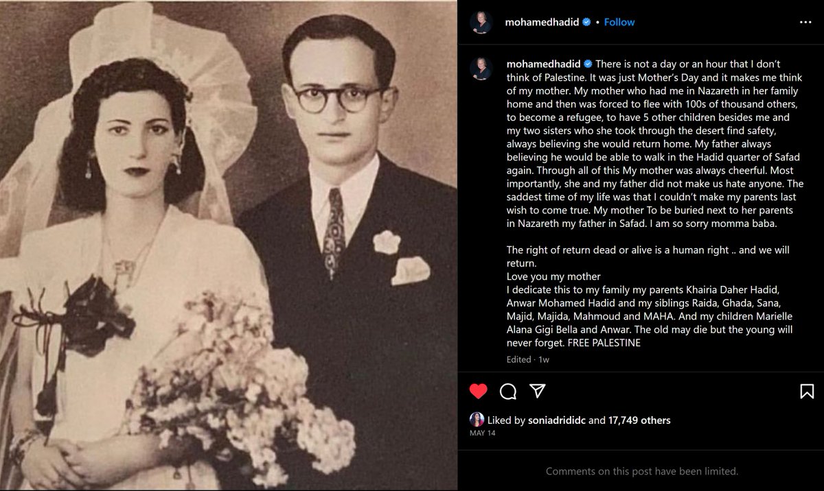 Zeinobia's tweet photo. The #Hadids of #Palestine: The grandparents of both #GigiHadid and #BellaHadid #FreePalestine. https://t.co/z1tjjoDrOd
