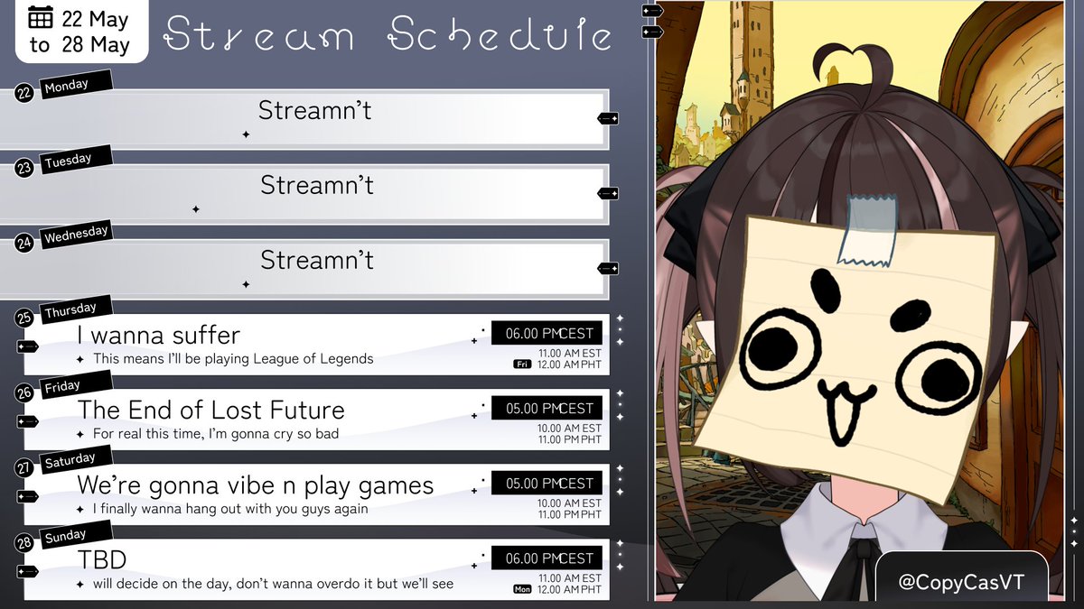 CopyCasVT's tweet photo. scuffed week!

let's get this 🍞

#vtuber #LoL #layton #lostfuture #twitchstreamer https://t.co/i56fCakvth