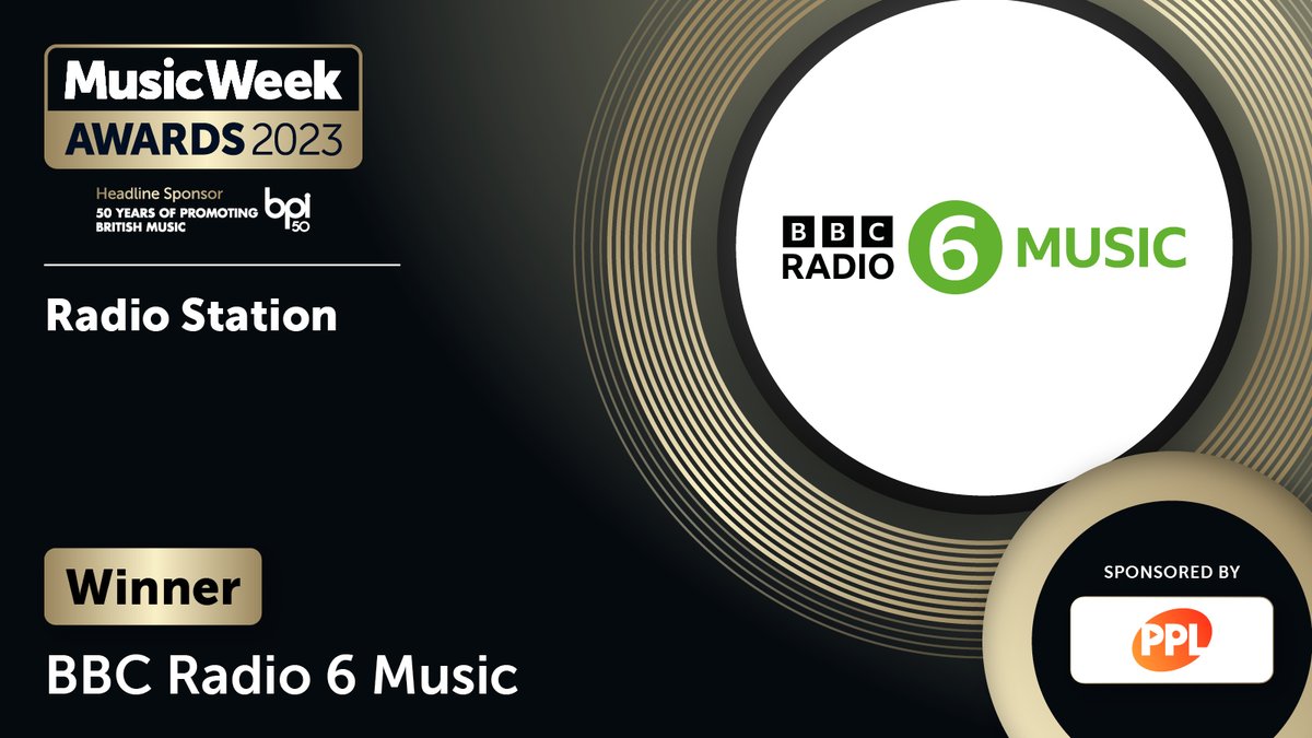 We now come to the award for Radio Station, sponsored by <a href="/PPLUK/">PPL</a>! And the winner   is...<a href="/BBC6Music/">BBC Radio 6 Music</a>! Congrats! #MusicWeekAwards