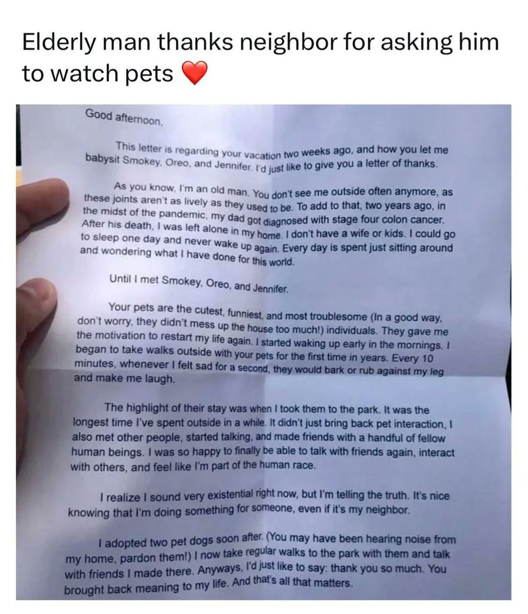 This is worth the read 🥲🐾 (swipe)

🦴 fetched from: snoocupcakes8607/Reddit
#wholesome #heartwarming #pets #neighbor#neighborhood #neighbors #neighbor #neighborhoodwatch #loveyourneighbor #lovethyneighbor #neighborhoodbar #goodneighbor #neighborshelpingneighbors #myneighborhood