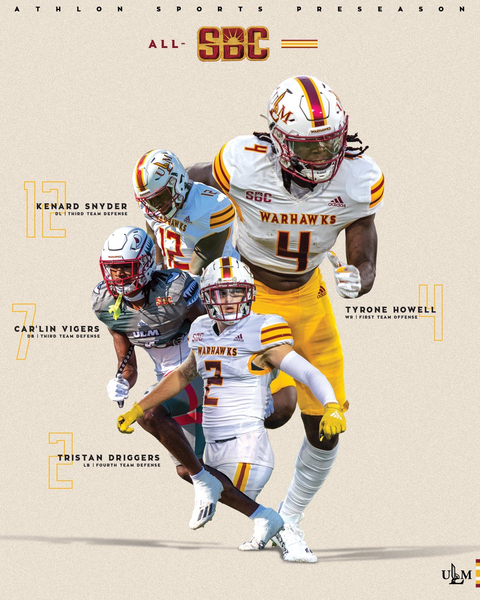 𝗣𝗥𝗘𝗦𝗘𝗔𝗦𝗢𝗡 𝗔𝗟𝗟-𝗦𝗨𝗡 𝗕𝗘𝗟𝗧 𝗦𝗘𝗟𝗘𝗖𝗧𝗜𝗢𝗡𝗦
<a href="/AthlonSports/">Athlon Sports</a> <a href="/TyroneRHowell/">Restee 🥶</a> <a href="/KenardSnyder/">Kenard Snyder</a> <a href="/Carlos_Numba5/">Car’lin Vigers</a> <a href="/DriggersTristan/">Tristan driggers</a>  
#TheBestIsOnTheBayou #SunBeltFB